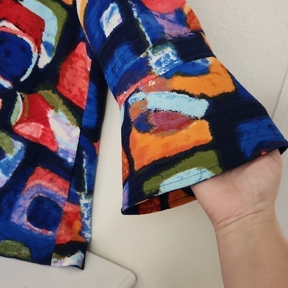 Ali Miles Colorful Abstract Patterned Coat Bell Sleeve Career Artsy Contemporary - Picture 3 of 12